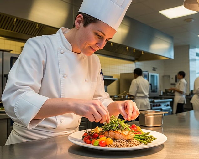 Chef plating a nutritious meal in a hospital kitchen
