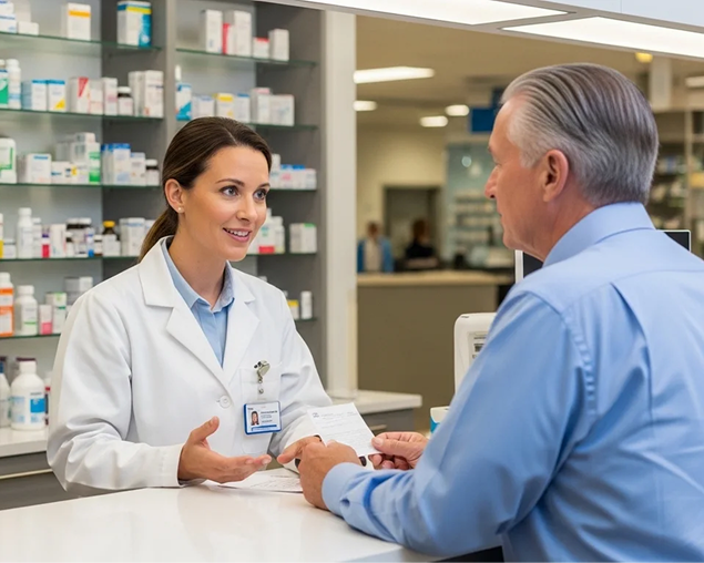 Pharmacist assisting a patient at the counter